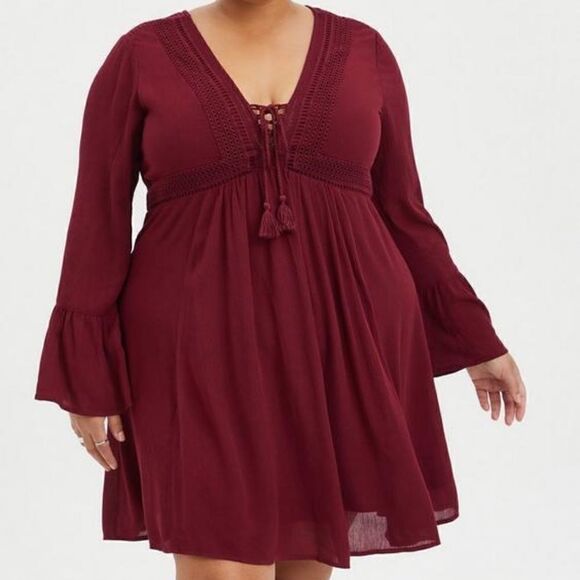 Torrid Mini Gauze Lace-Up Skater Dress Burgandy Boho 0 Or Large - Picture 1 of 7